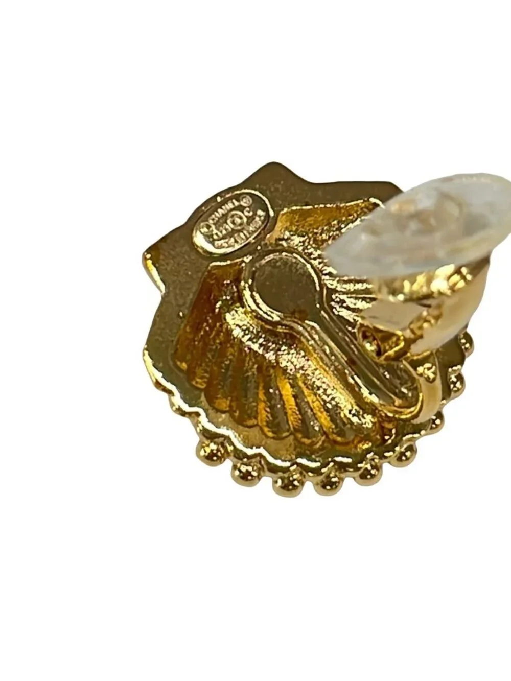 Chanel Earrings CC Logo Gold Clear Pink Shell